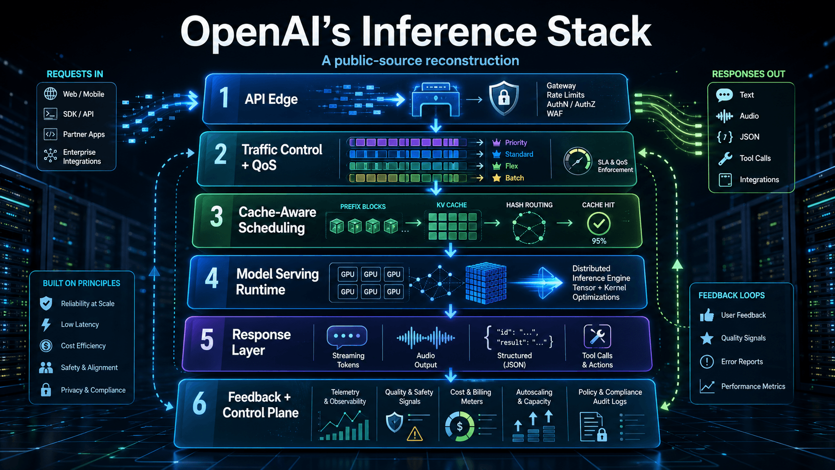 OpenAI inference stack architecture showing API edge, traffic control, cache-aware scheduling, model serving runtime, response layer, and feedback control plane.
