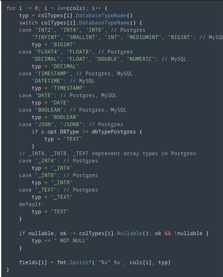 DungBeetle code mapping source database column types into result table column types