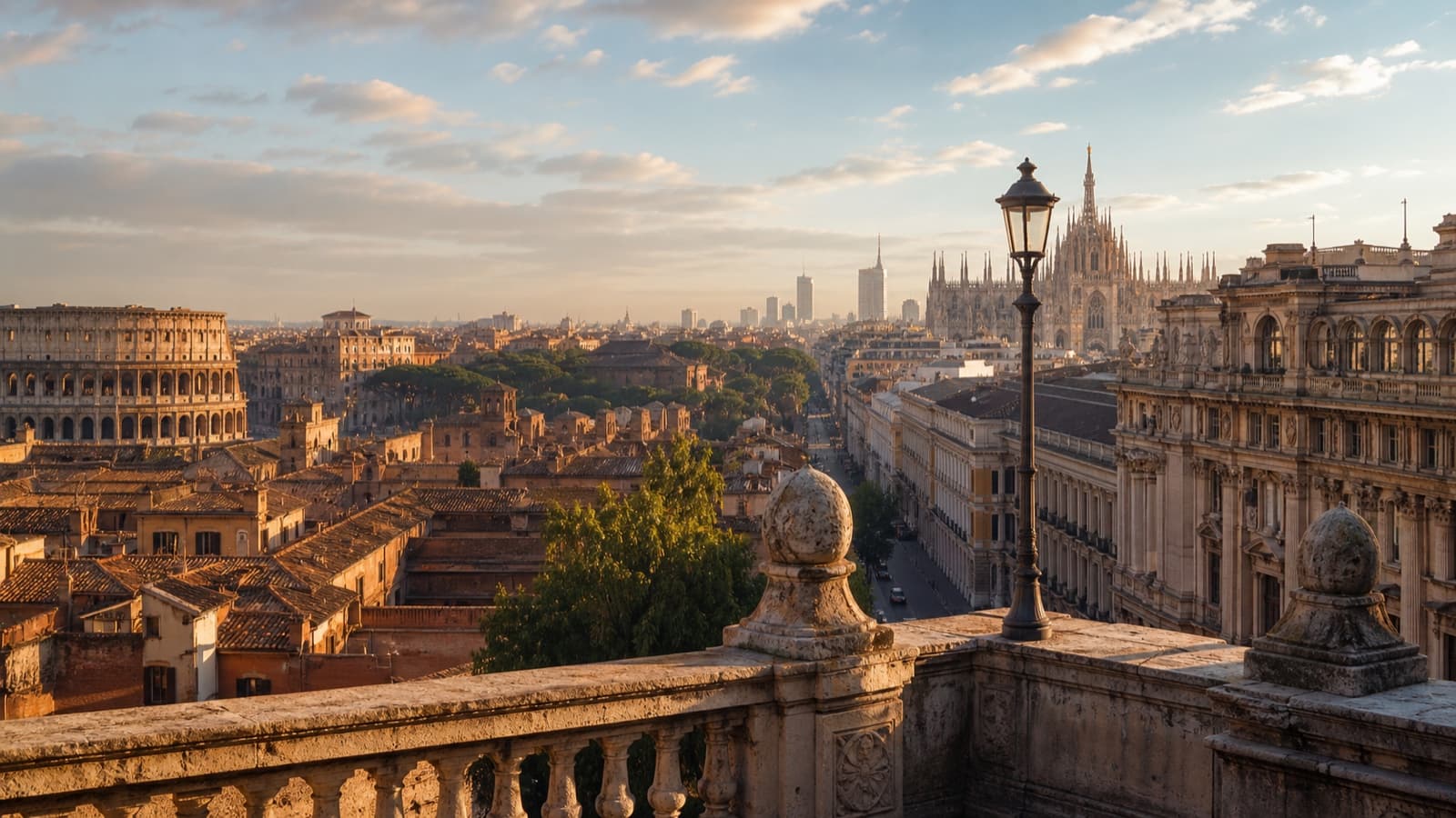 Rome and Milan, Italy โ historic rooftops, the Colosseum, and Milanese architecture at golden hour