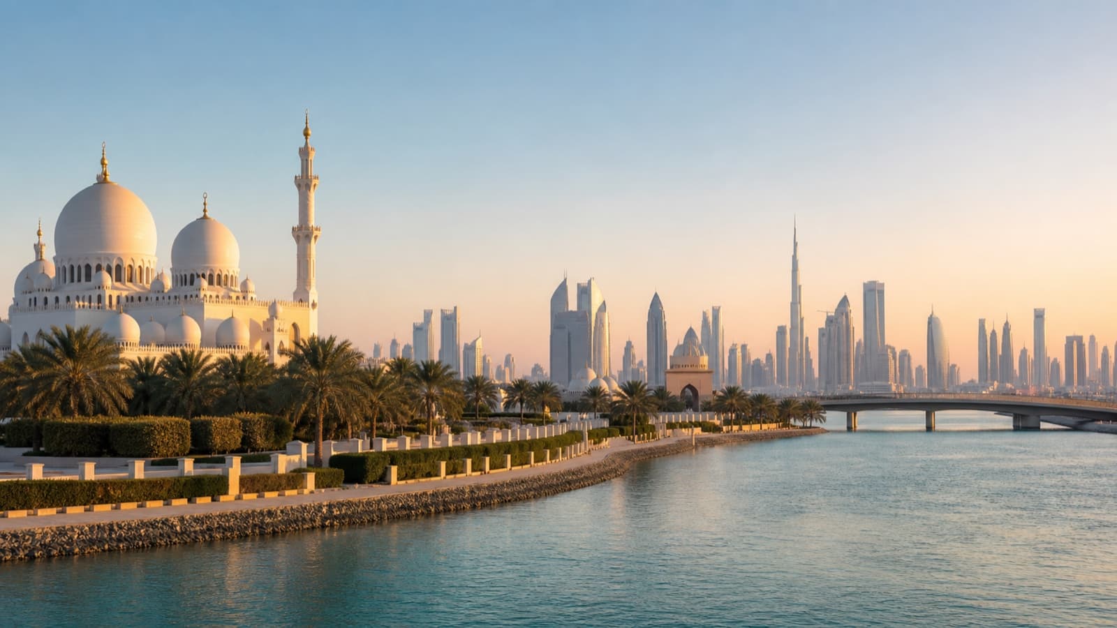 Abu Dhabi and Dubai, UAE โ waterfront, mosque domes, and a modern skyline at sunrise